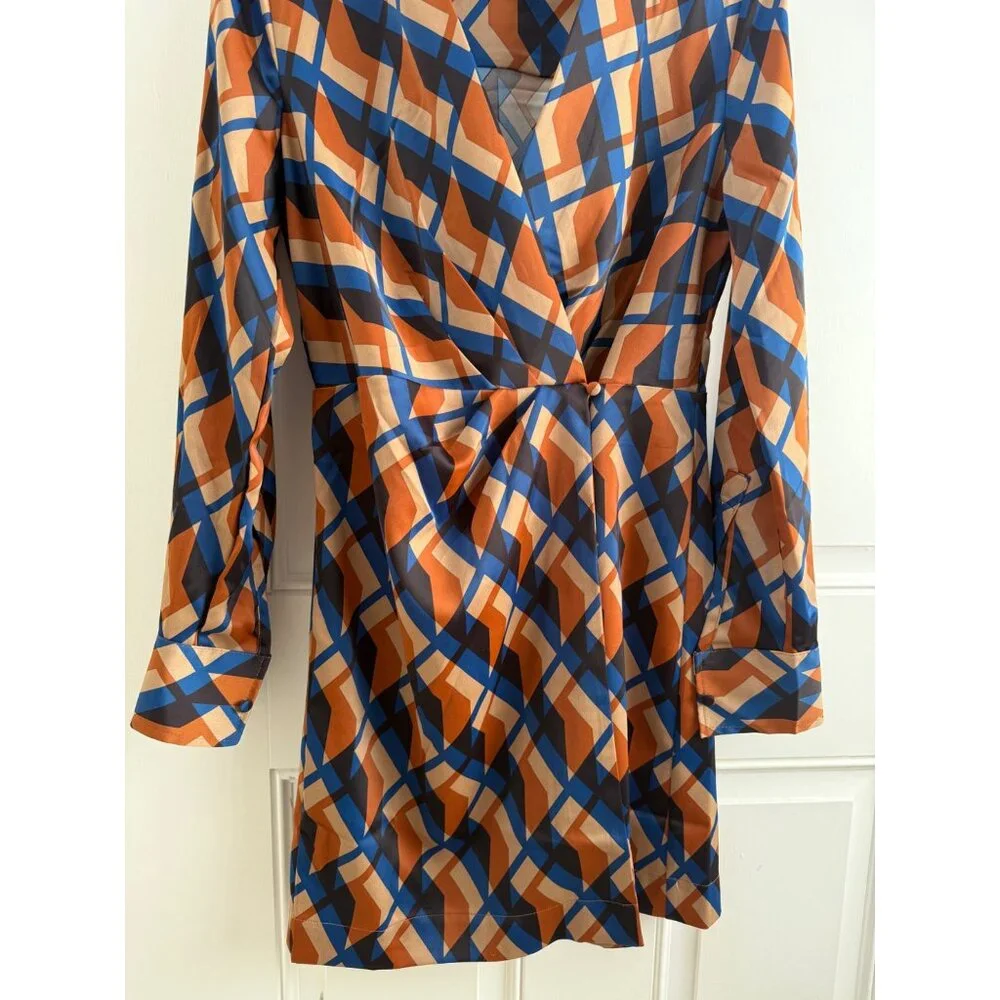 Banana Republic Blue and Orange Geometric Print Satin Wrap Dress - Picture 2 of 12